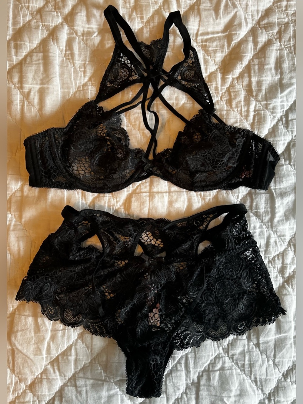 Agent Provocateur Black Lace Strappy Underwire Bra & Lace Briefs
